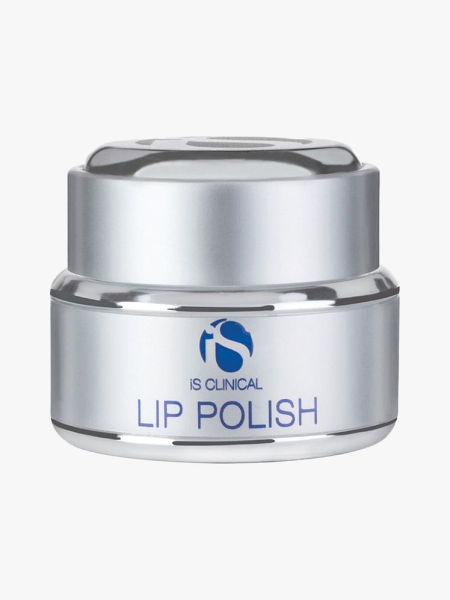 iS Clinical Lip Polish silver jar on light gray background