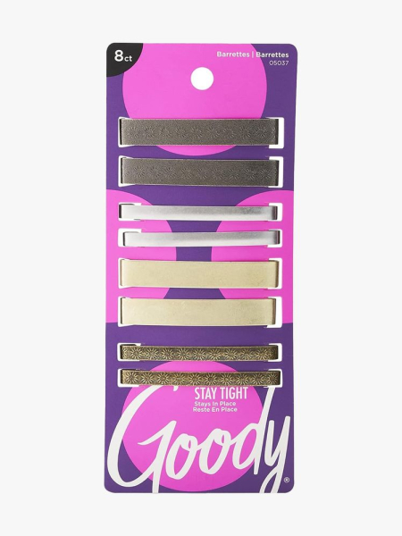 Goody Stay Tight Hair Barrettes purple package of metal barrettes on light gray background