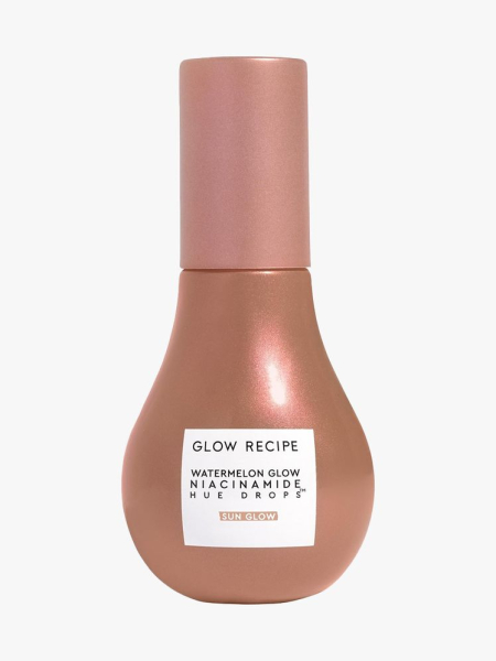 Glow Recipe Watermelon Glow Niacinamide Hue Drops rose gold teardrop shaped bottle on light gray background